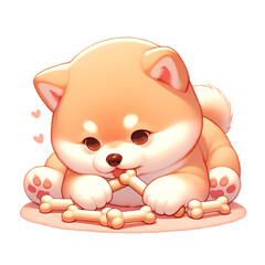 A cute cartoon Shiba Inu puppy is surrounded by bones. The puppy is sitting on a pink mat and has a bone in its mouth. The puppy has big brown eyes and a happy expression on its face.