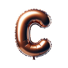 a brown foil balloon shaped like the letter 'C'