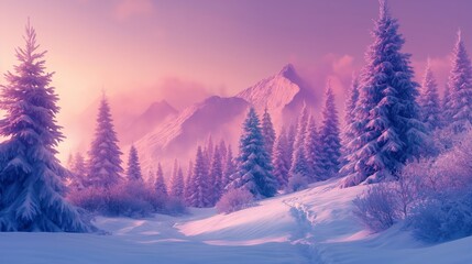 winter landscape with mountains and trees covered in snow