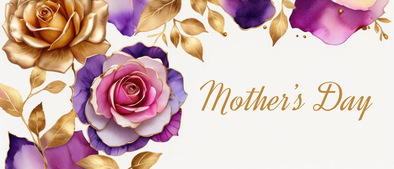 rose petals on white background with copy space for text. Golden alcohol ink watercolor floral bloom banner for Mother&rsquo;s Day or mauve wedding stationery