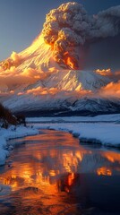 Spectacular snow-capped volcano erupting at sunset，Spectacular Eruption of Snow-Covered Volcano at Sunset - 4K Wallpaper