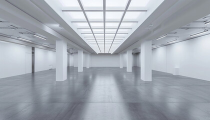 A large empty room, an exhibition hall without paintings, gray tones, a lot of solar and electric light. Business background