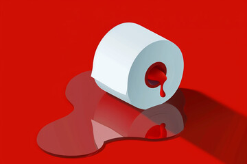 A roll of toilet paper with a puddle of red liquid. Red background