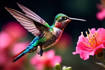 Fototapeta premium Delicate ballet of a hummingbird as it hovers and then gracefully lands on a slender branch