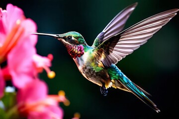 Fototapeta premium Delicate ballet of a hummingbird as it hovers and then gracefully lands on a slender branch