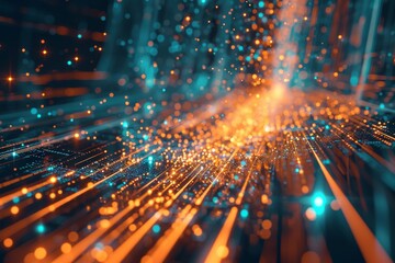 Obraz premium Data flow concept background, Network security, Wave of dots, and weave lines. Abstract Background for design on the topic of cyberspace, AI generated