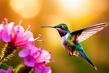 Fototapeta premium Delicate ballet of a hummingbird as it hovers and then gracefully lands on a slender branch