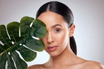 Beauty, palm leaf and portrait with natural woman in studio on gray background for wellness....