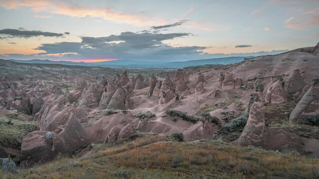 Sunset timelapse over the unique rock formations of Devrent Valley, Cappadocia