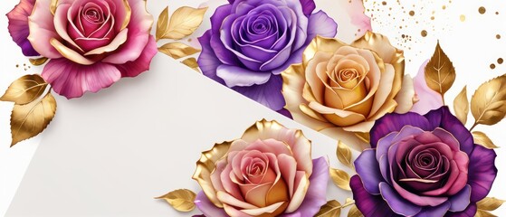 rose petals on white background with copy space for text. Golden alcohol ink watercolor floral bloom banner for Mother&rsquo;s Day or mauve wedding stationery