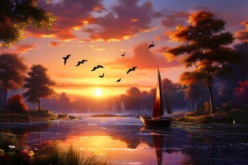 Boats bask under a fiery sunset, anchored in tranquil waters