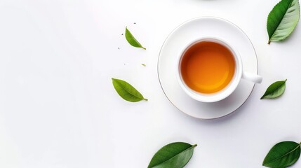 White background with tea leaves and a cup of tea.