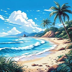 vector illustration of a serene beach with rolling waves.