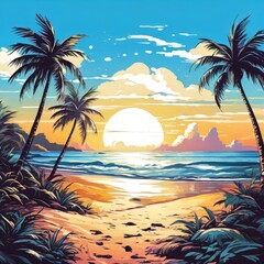 vector illustration of a serene beach with rolling waves.