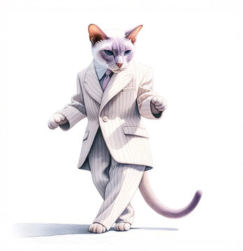 Artistic illustration of a cream Colorpoint Shorthair cat, elegantly dressed in a striped zoot suit, showcasing a dance pose.