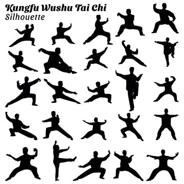 Set of kungfu wushu tai chi silhouettes