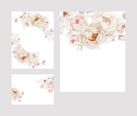 Set of wedding cards and invitations with roses and peonies.