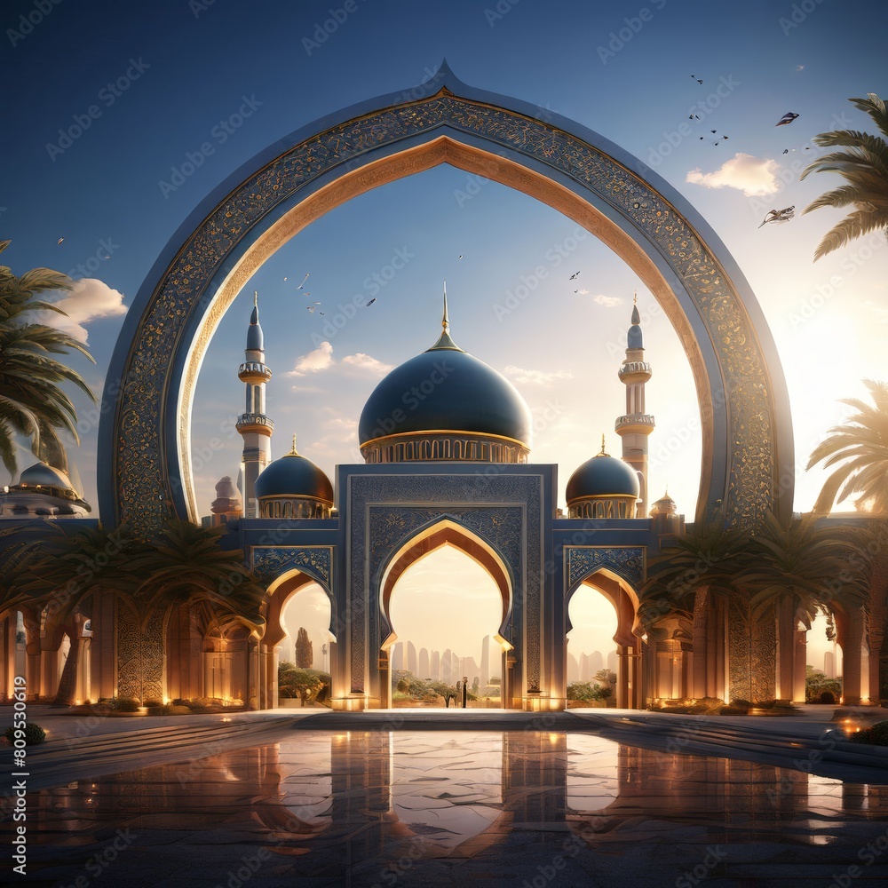 Sticker 3d rendered photo of Eid al fitr poster template with mosque