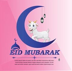 Eid Al Adha hand lettering. Eid Mubarak. Muslim holiday card with cute sheep, moon and lantern. Vector illustration.