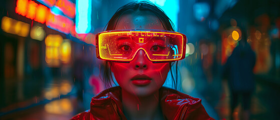 Front view of asian woman wearing vr glasses being in a virtual world. The lighting is cool-toned, with blue hues dominating the scene, futuristic style