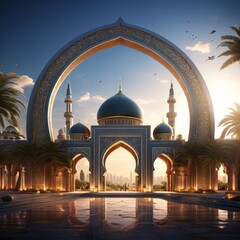 3d rendered photo of Eid al fitr poster template with mosque