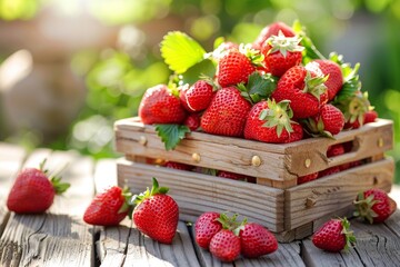 Abundant harvest  fresh ruby red strawberries overflowing from wooden crate in lush garden setting