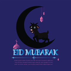 Eid Al Adha mubarak greeting card with cute sheep, moon, lantern and stars. Vector 