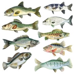 Collection of various types of fish displayed on a plain white surface