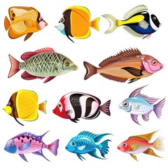 Various brightly colored fish swimming together on a plain white background
