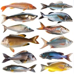 Various types of fish displayed on a white background
