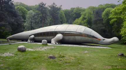 Innovative dinosaur shaped eco house in dense forest setting