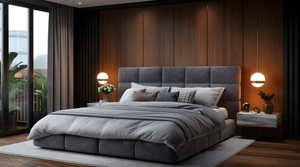 Fototapeta premium Cozy contemporary bedroom with wood paneling and soft gray accents