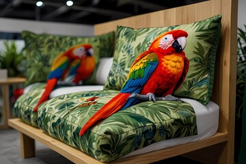 Decorative bed-clothes for pillows and quilts with Ara parrots motive and green leaves, manufactured by Acko Ruzomberok company, as displayed on Furniture and Living Expo Nitra, Slovakia.
