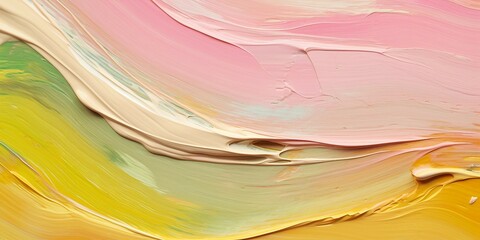 立体的な油絵・抽象背景横長バナー）黄緑・黄色・ピンクのカーブ