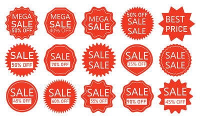 Set of Sale badges. Sale quality tags and labels. Template banner shopping badges. Special offer, sale, discount, shop with white background.