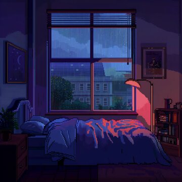 cozy bedroom at night, mini pixelated animated world, hyper relaxing window rain