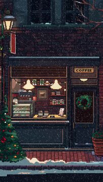 snowy christmas coffee shop, perfect 8 bit pixel art, cartoonish animated and anime aesthetic