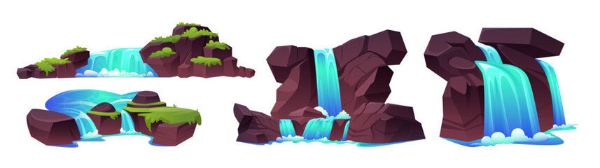 Cascade waterfall on rocky mountain with green grass. Cartoon vector illustration set of stone hills with falling blue water of river. Flood stream on cliff for natural summer landscape design.