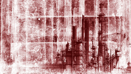 Industrial landscape with buildings and smoking pipes of the factory. Grunge scratch background. Monochrome color illustration	