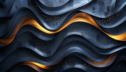 3d render, abstract wavy background, black and gold lines