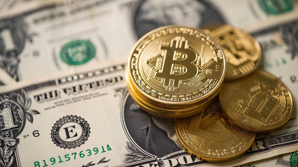 Poster shimmering bitcoin symbolizing digital wealth overlapping with traditional dollar bills - a fusion o