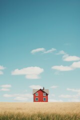 House on green field with blue sky and clouds. Real estate concept