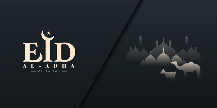Bakrid eid al adha festival wishes or greeting banner design with mosque, sheep, camel, goat, dark background social media wishing banner vector illustration