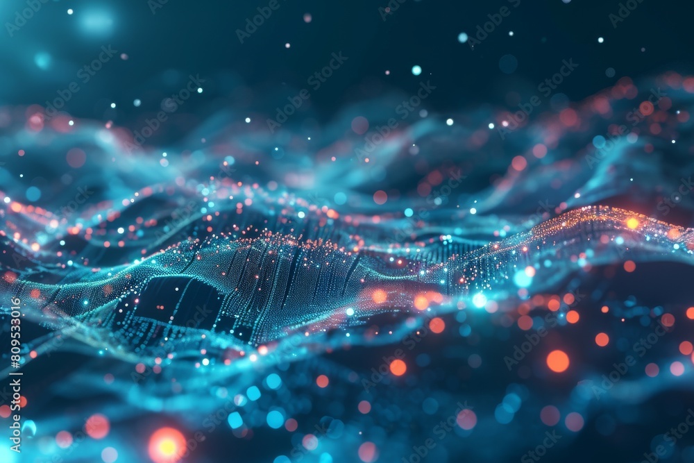 Poster data flow concept background, network security, wave of dots, and weave lines. abstract background f