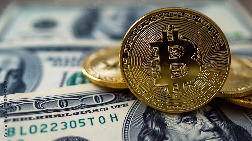 Poster shimmering bitcoin symbolizing digital wealth overlapping with traditional dollar bills - a fusion o
