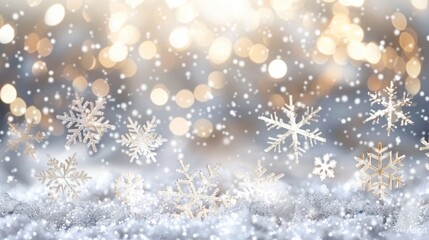 Serene Winter Snowflakes and Golden Bokeh Background