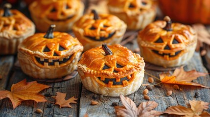 Halloween-Themed Pumpkin Pies with Autumn Leaves Background