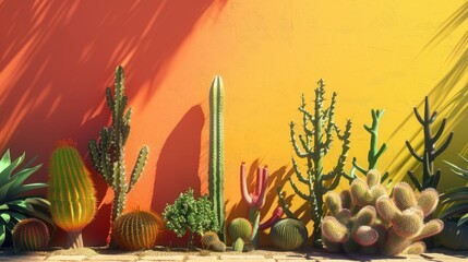 Vibrant Cactus Collection Against a Colorful Wall