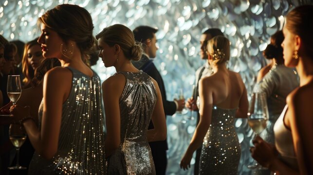 Elegant Evening Gala with Guests in Sparkling Dresses