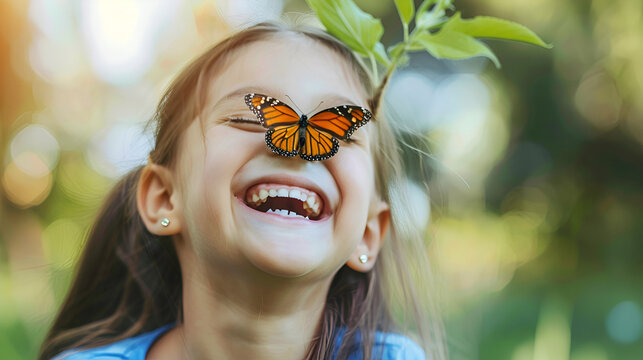 butterfly on a face of little child ,generative ai